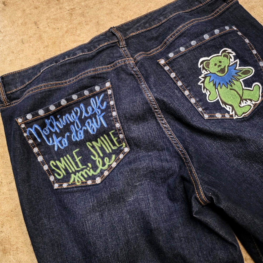 Hand-Painted Grateful Dead Bear Capris | Upcycled Nine West Size 16